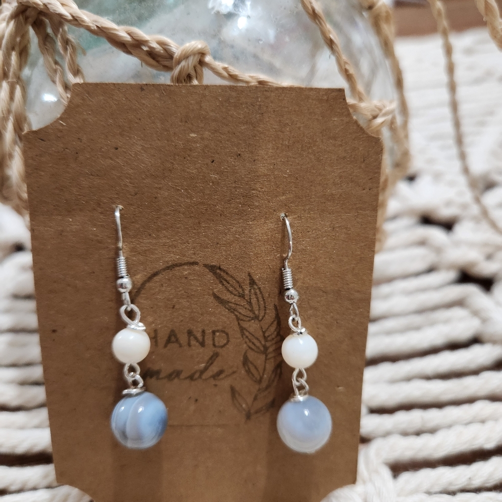 Glass beads dangle earing, beachy, silver accent